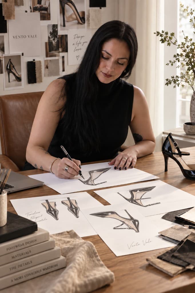 Caroline Correa, founder of Vento Vale, in the studio with a sketchbook